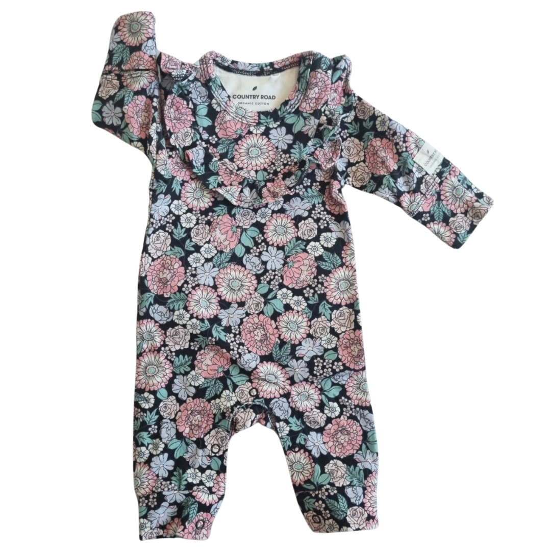 Country Road 100% Organic Cotton Black Floral Onesie - Size: 00000 (Prem)