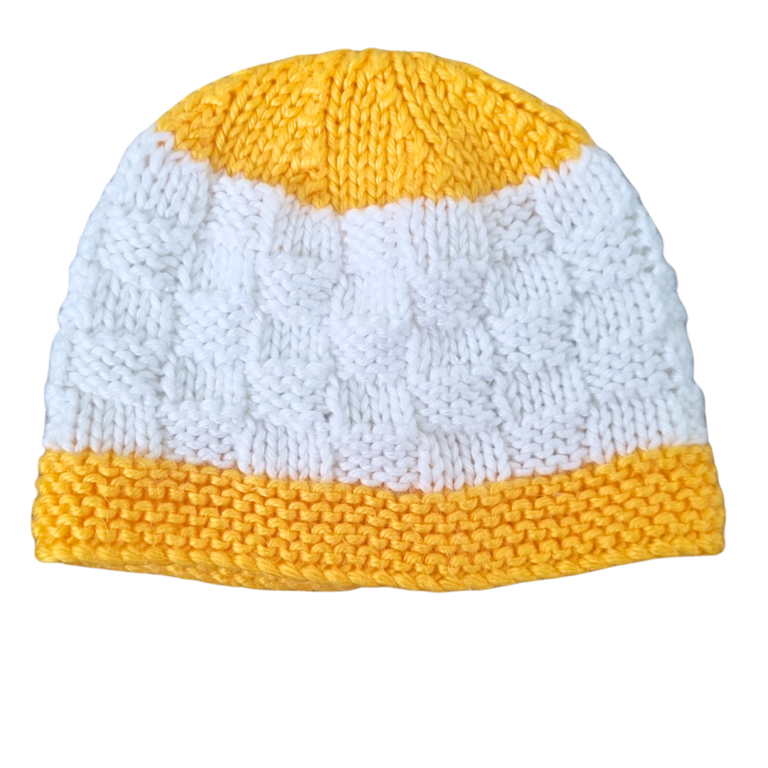 Handmade Yellow & White Knitted Beanie - Size: 0000 (Newborn)